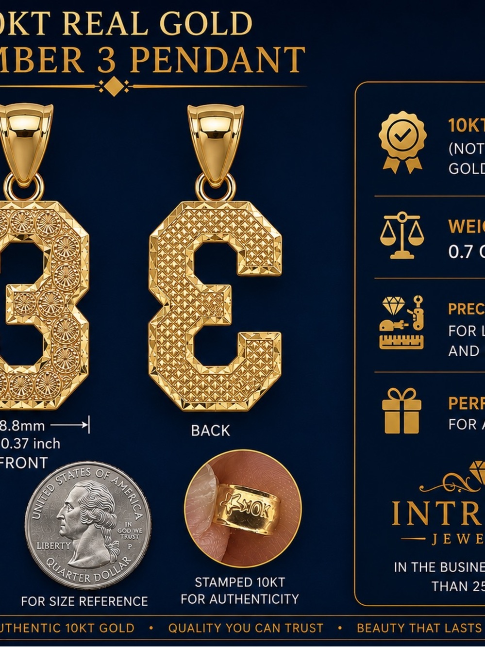 10KT Real Gold Number 3 Pendant - Gold
